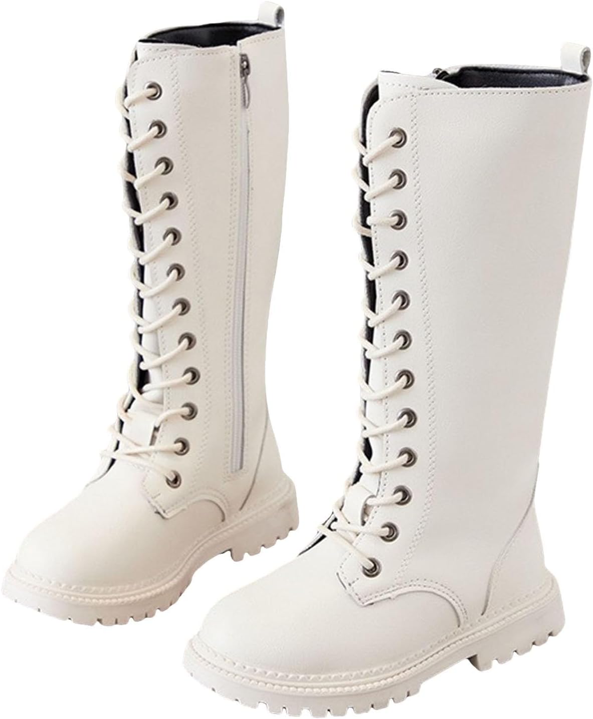 

Ботинки для мальчиков и девочек в готическом стиле, боевые с шнуровкой и боковой молнией, из ПУ-кожи, панк-стиль, водонепроницаемые, до середины икры, для верховой езды, зимние, для малышей/маленьких/старших детей Generic, бежевый