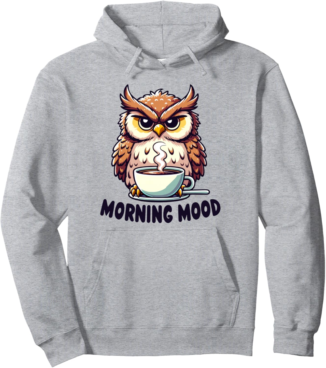 

Худи с изображением сварливой совы и кофе Grumpy Owl Coffee Hate Mornings Bad Mood, серый