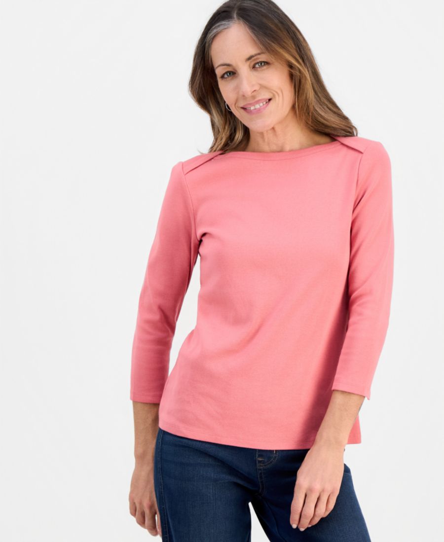 

Женская блузка из хлопка пима с рукавами 3/4 и вырезом-лодочкой (укороченная модель) Style & Co, Sp Strawberry