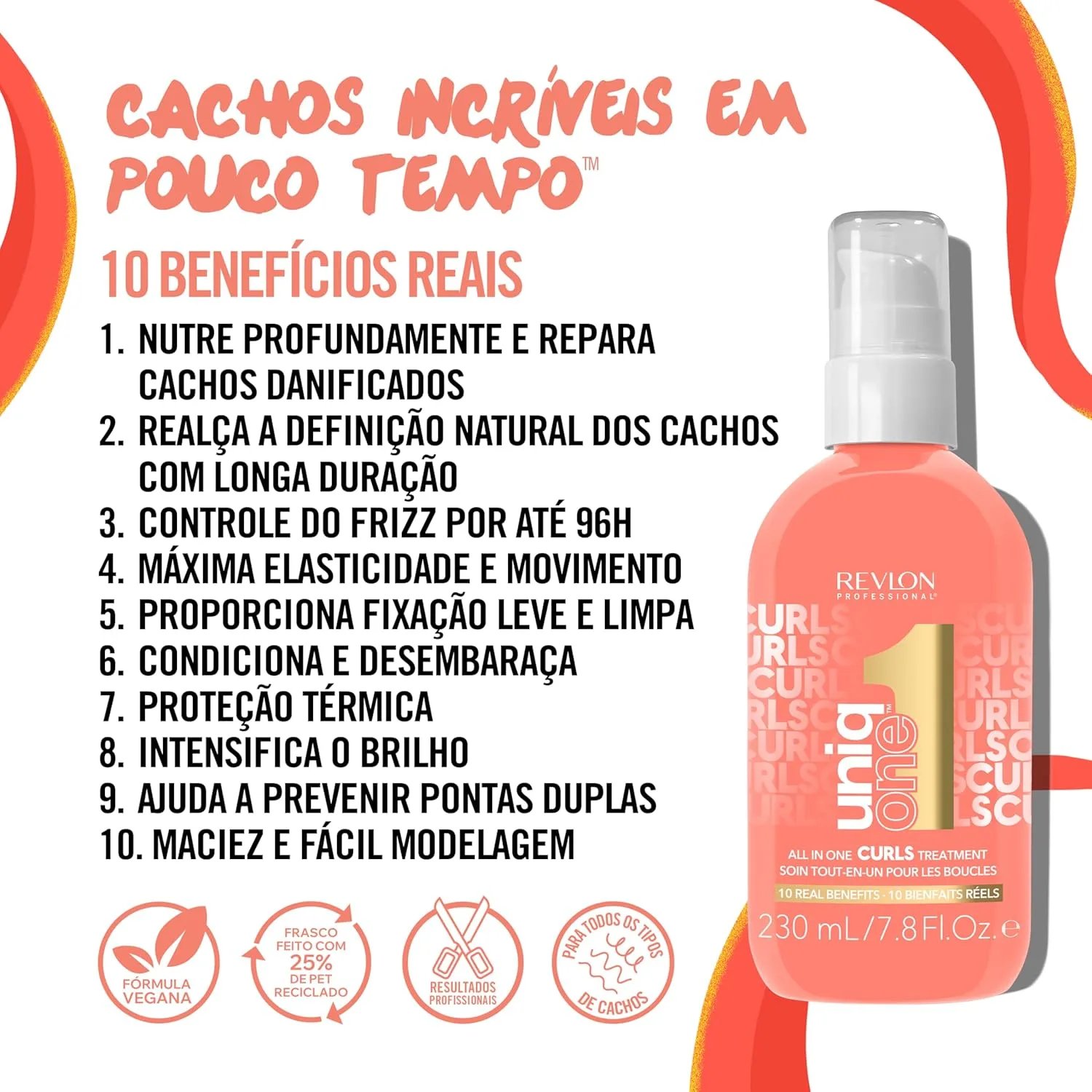 Revlon Professional UniqOne Curls Treatment, 10-в-1 несмываемое средство для кудрявых волос, 96 часов контроля над пушистостью, глубокое питание и восстановление, определение завитков, термозащита, веган, 230 мл — фото 2