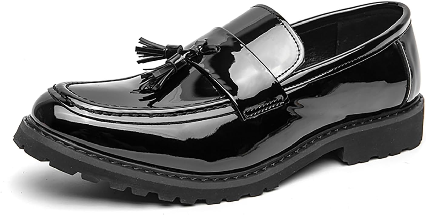 

Мужские лоферы на платформе с кисточками из лакированной кожи, деловой повседневный стиль, нескользящая ребристая подошва, удобный каблук-блок, обувь на каждый день для работы, офиса, свадьбы, пенни-лоферы Loveheynew, черный