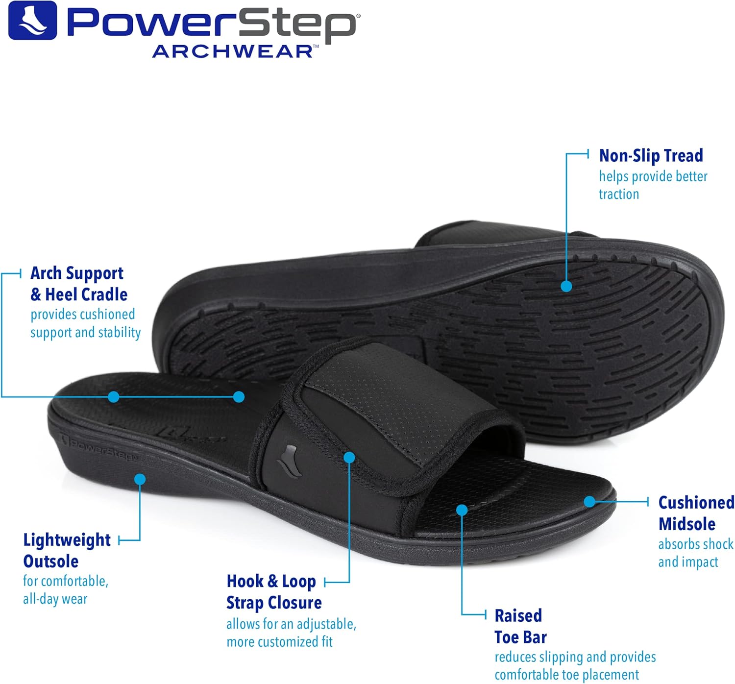 Мужские сандалии PowerStep с поддержкой свода стопы, ортопедические сандалии для подошвенного фасциита, с нейтральной поддержкой свода, черный — фото 3