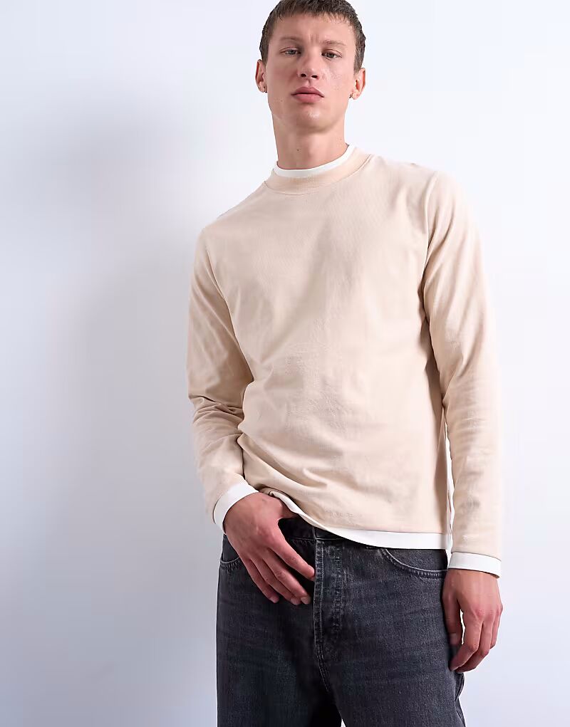 

Футболка с длинными рукавами, двухслойная, цвета камня и кремовый Topman, Бежевый, Футболка с длинными рукавами, двухслойная, цвета камня и кремовый Topman