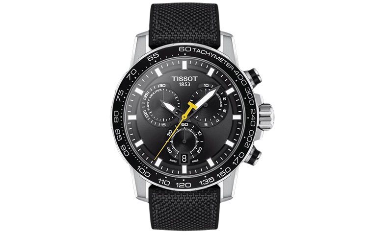 

TISSOT Часы Speedy Series Quartz Movement Men's Watch Watch 45.5mm Black Dial Stainless Steel Case Fabric Strap, Black