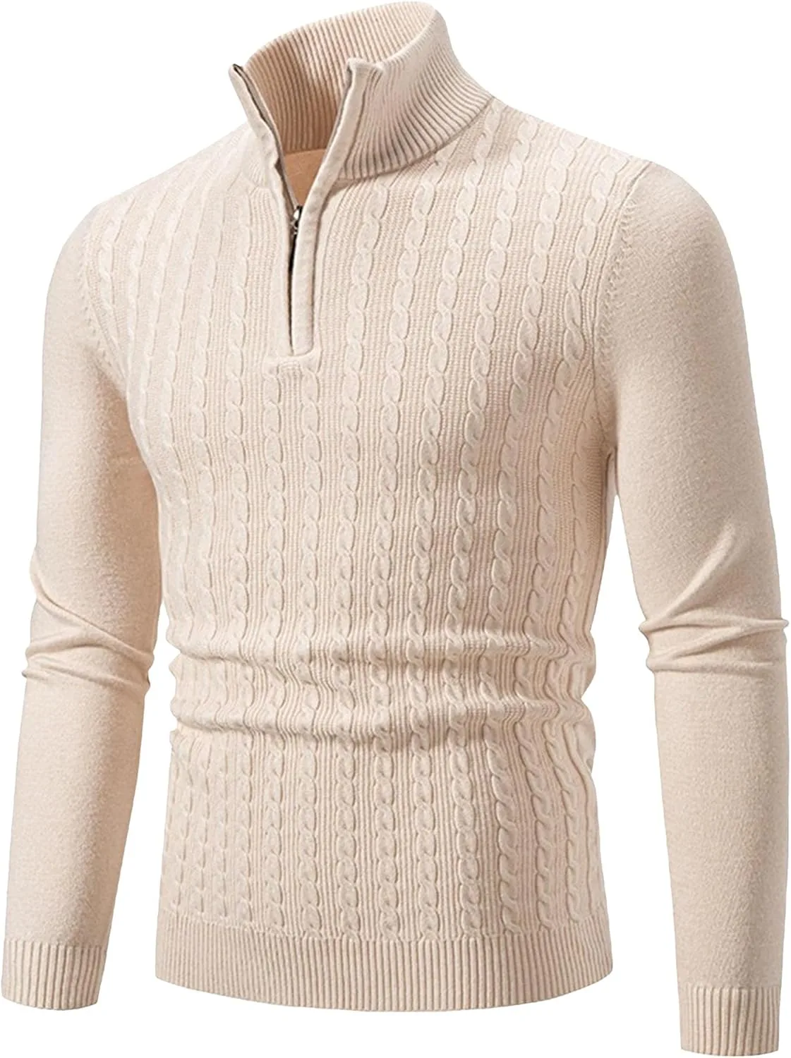 

Мужской свитер с кабельной вязкой, длинный рукав, молния, slim fit QOAAIE
