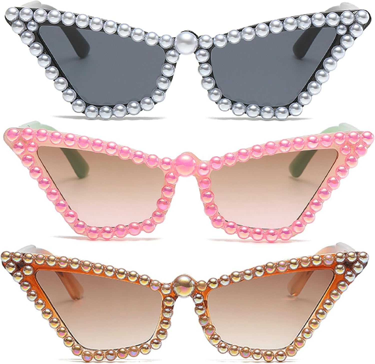 

Модные солнцезащитные очки «кошачий глаз» со стразами для женщин в стиле 90-х, с блестками и жемчугом, большие, как аксессуар для диско-вечеринки mincl, 3pcs-black&pink&brown