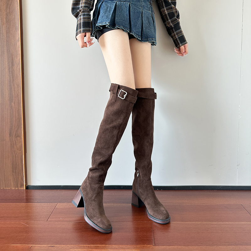 Zubumei Высокие сапоги на каблуке 8 см женские - хаки, цвет Khaki — фото 4