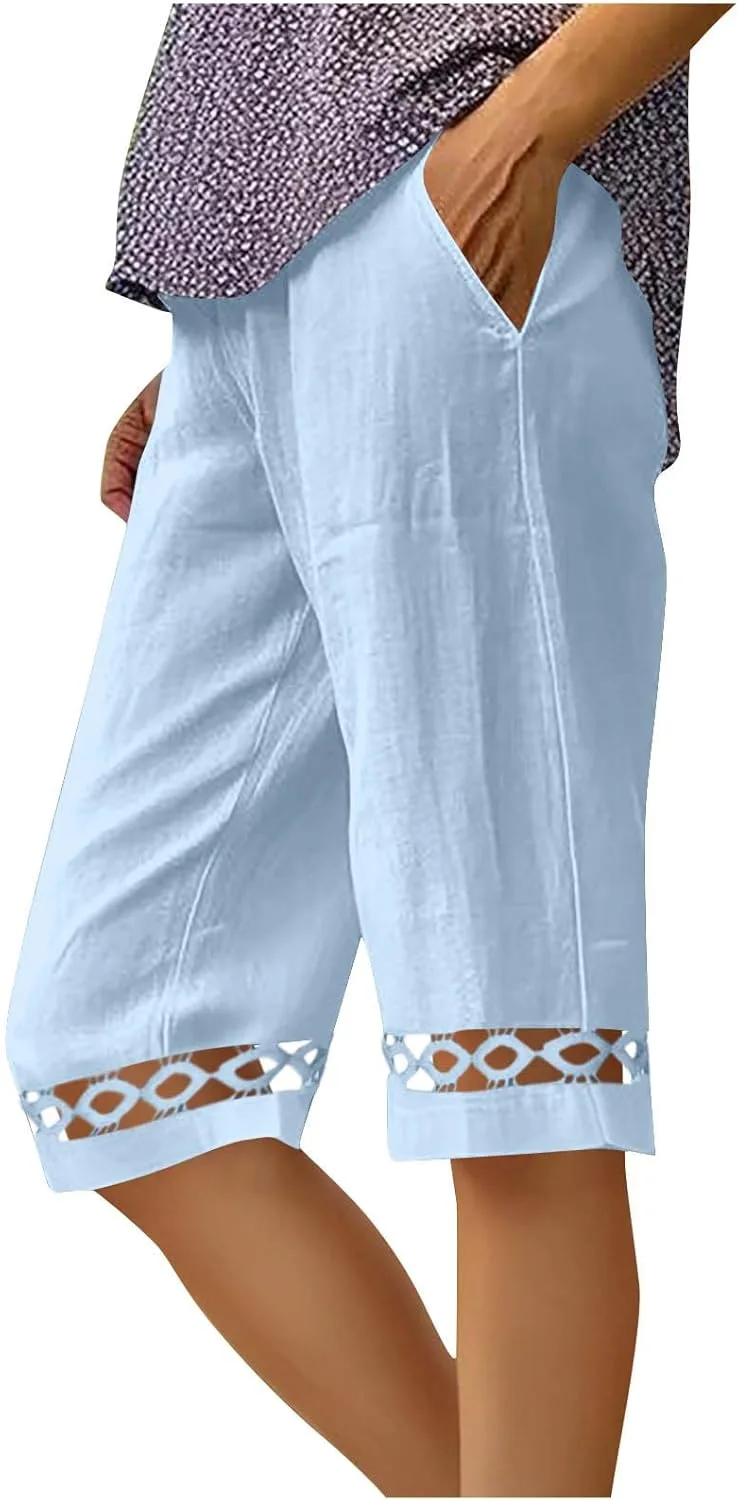 

Бермуды для женщин с карманами, эластичной талией, длина до колена, льняные, широкие, летние FPMLUXLL