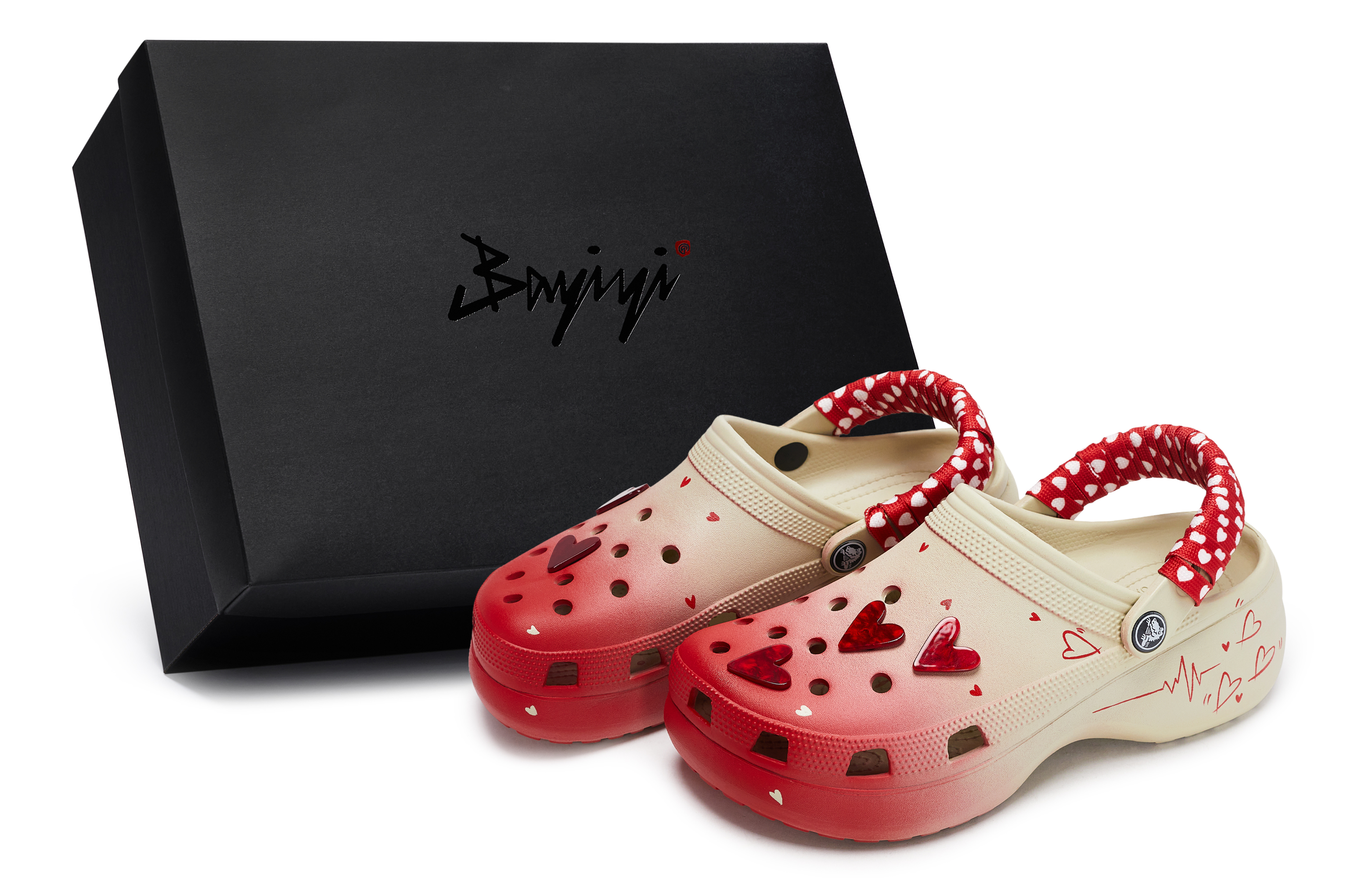 Crocs Классические сабо на платформе 811, производство, велюр, красное сердце, специальные женские сабо из обувной коробки, костяные, белые, красные