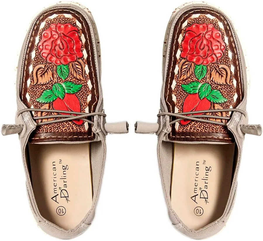 American Darling Hand tooled, carved genuine leather trim lightweight shoe footwear, slip on| Tooled Footwear, серый — фото 4