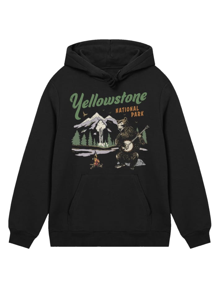 

Толстовка с капюшоном Национальные парки США Йеллоустоунский медведь играет на банджо в черном цвете F4NT4STIC