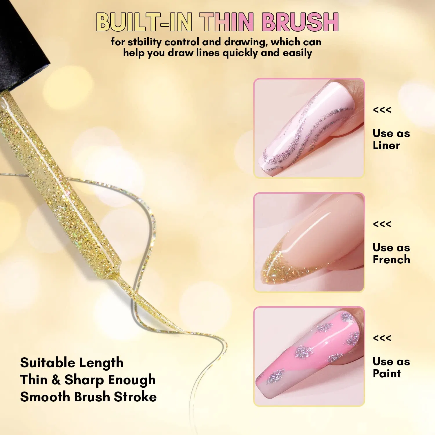 Набор гель-лаков Makartt с глиттером, 2 цвета Makartt, Gold And Silver Nails Liner — фото 2