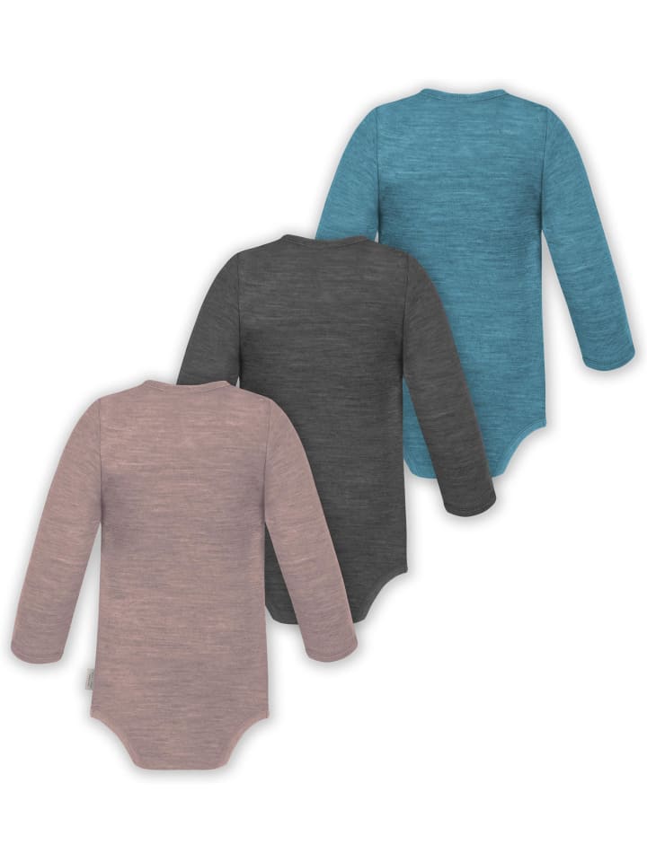 Normani Outdoor Sports Набор из 3 детских боди с длинными рукавами из мериносовой шерсти, синего, антрацитового и розового цветов — фото 2