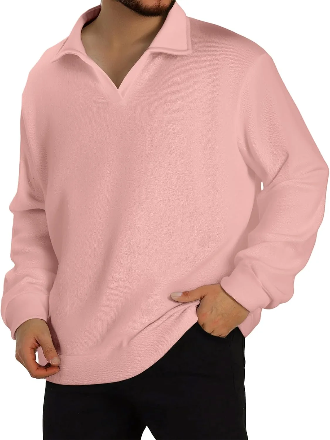 

Ymosrh мужская осенняя поло с длинным рукавом, V-образным вырезом и воротником-стойкой, S-4XL