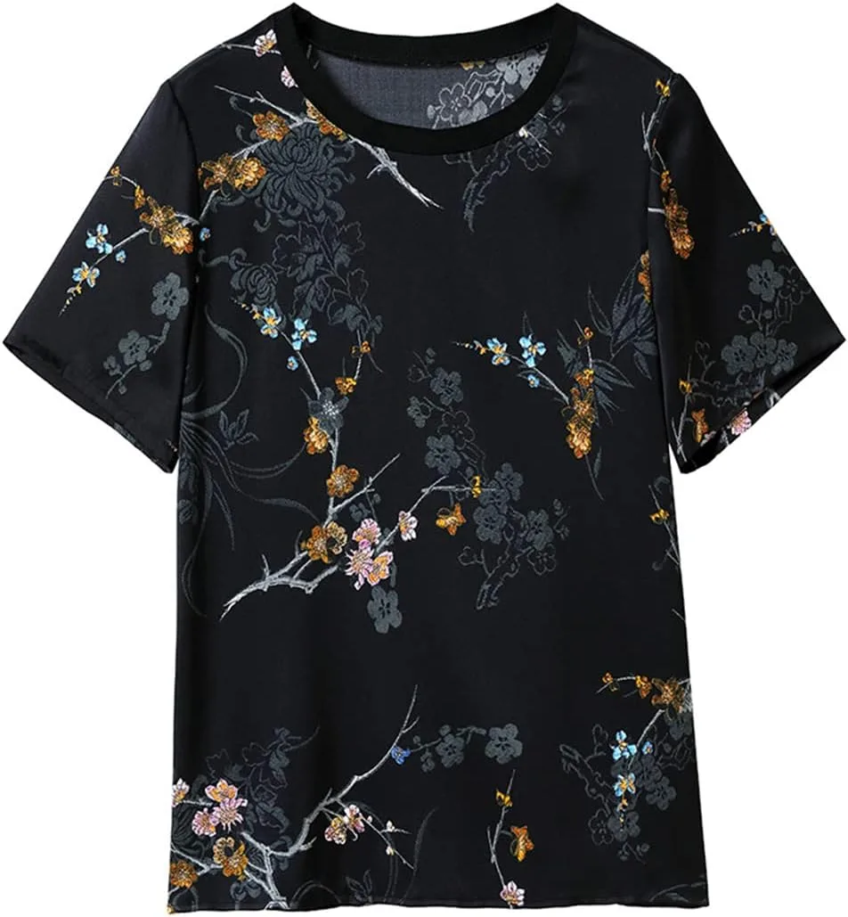 

Летняя футболка из натурального шелка с цветочным принтом, O-Neck, короткий рукав, черная, Loose Gienergy