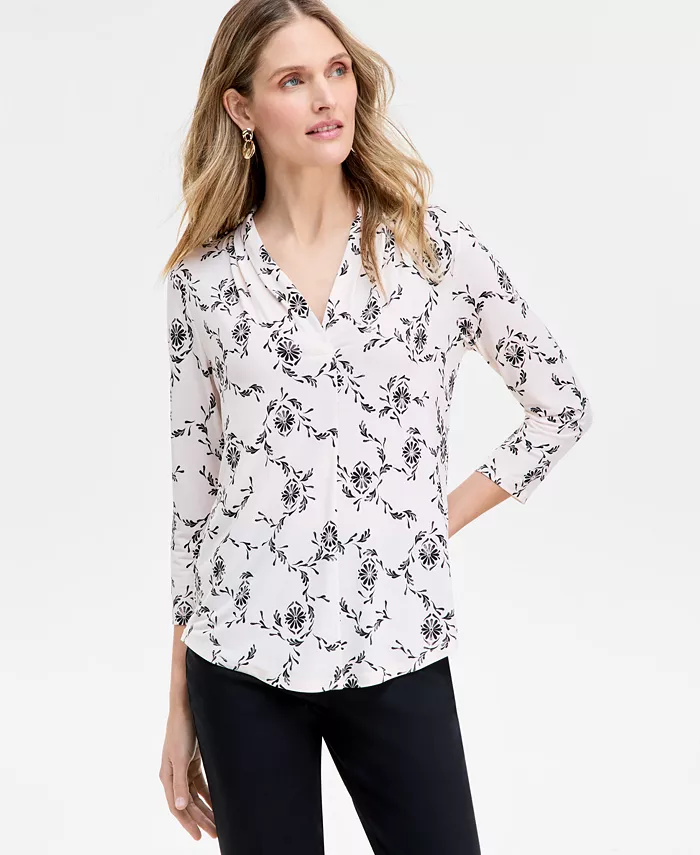 

Женский трикотажный топ с V-образным вырезом и рукавом 3/4, с принтом и однотонными деталями JM Collection, красный