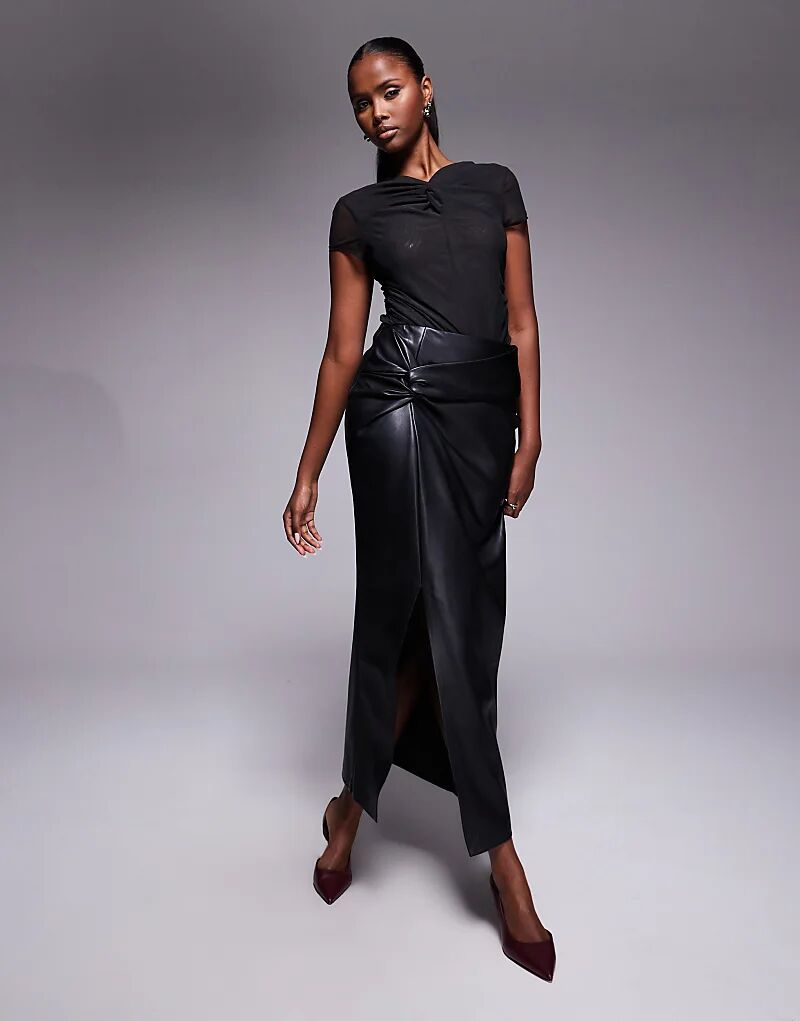 

Юбка миди River Island из искусственной кожи с заворотом по бокам, черного цвета