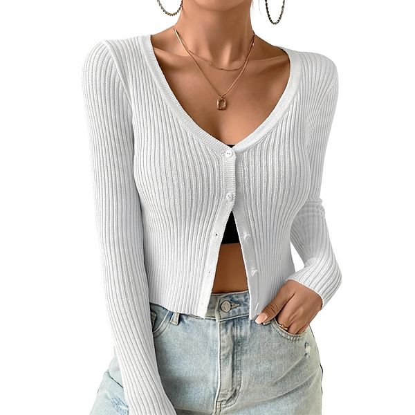 

Женский кардиган на пуговицах с длинными рукавами Clearflower, White