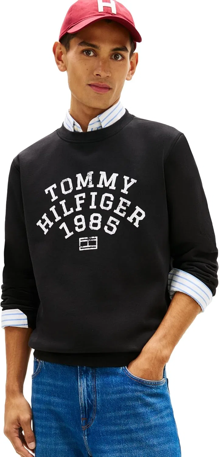Толстовка Tommy Hilfiger мужская, средняя плотность, хлопковая, с принтом в виде арочного логотипа, черный