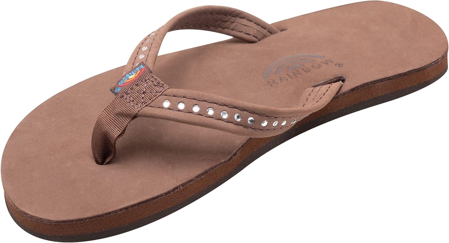 

Детские сандалии Rainbow, один слой, премиум-кожа с узким ремешком с кристаллами Rainbow Sandals, эспрессо