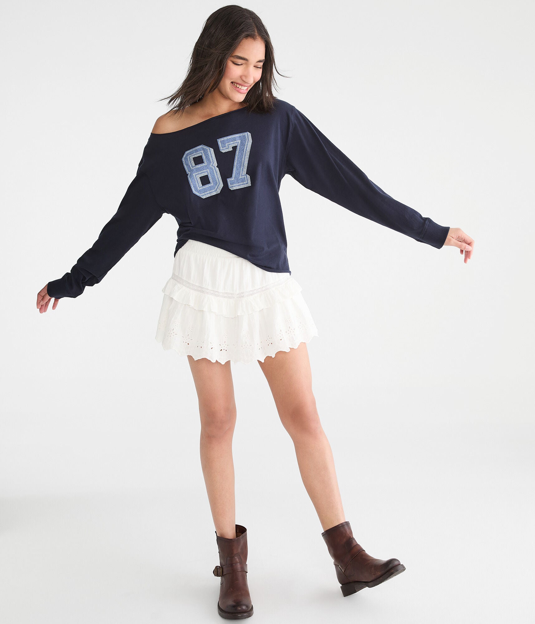 

Футболка Aeropostale Seriously Soft 87 с открытыми плечами и длинным рукавом, темно-синий