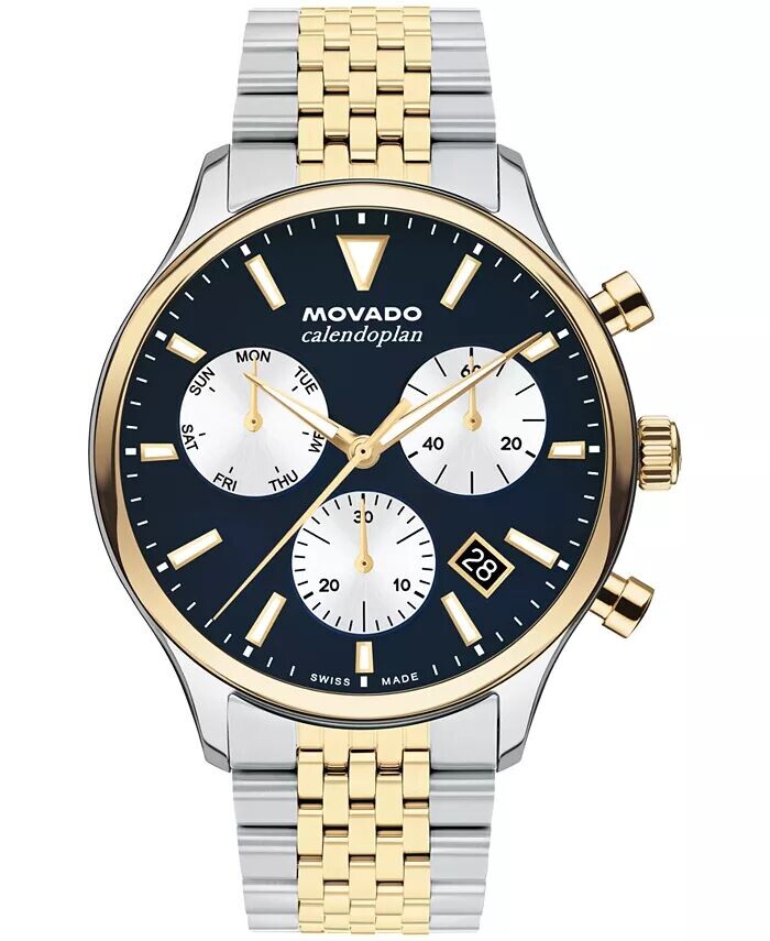 

Мужские двухцветные часы Calendoplan Swiss Quartz Chrono из нержавеющей стали, 43 мм Movado, серебро