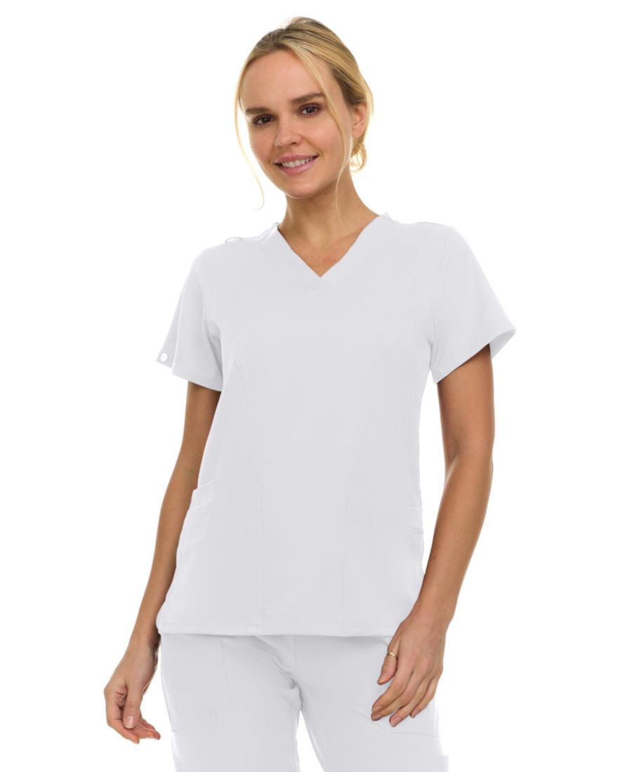 

Женская медицинская блузка Eleanor с тремя карманами, эластичным V-образным вырезом, ярко-розового цвета, размер Medium Medichic, White