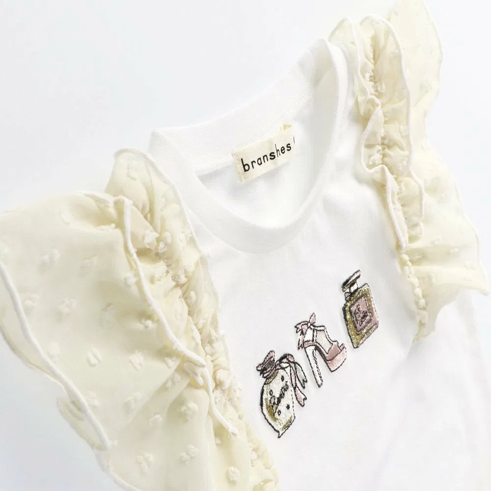 Футболка с вышитым мотивом и оборкой на плече Branshes, off white — фото 3
