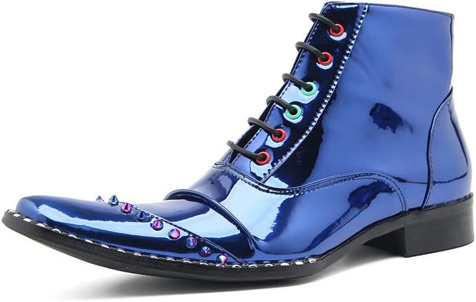 

Мужские ботинки Santimon из глянцевой кожи с шнуровкой, заклепками и молнией на щиколотке - повседневные, вечеринка, свадьба, выступления, диско, синий