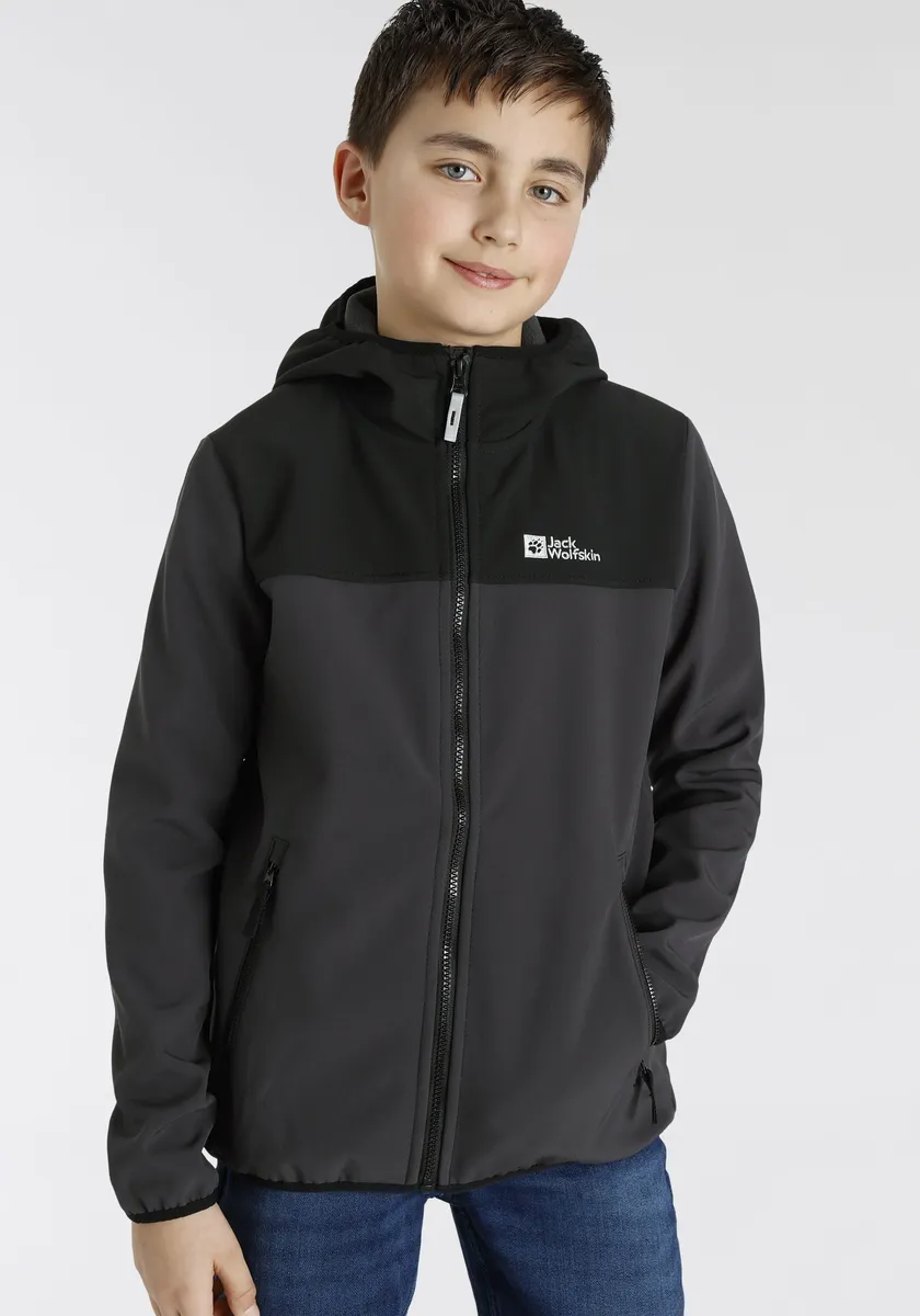 

Куртка из софтшелла Jack Wolfskin "FOURWINDS JACKET KIDS", с капюшоном, с контрастными деталями, цвет Phantom