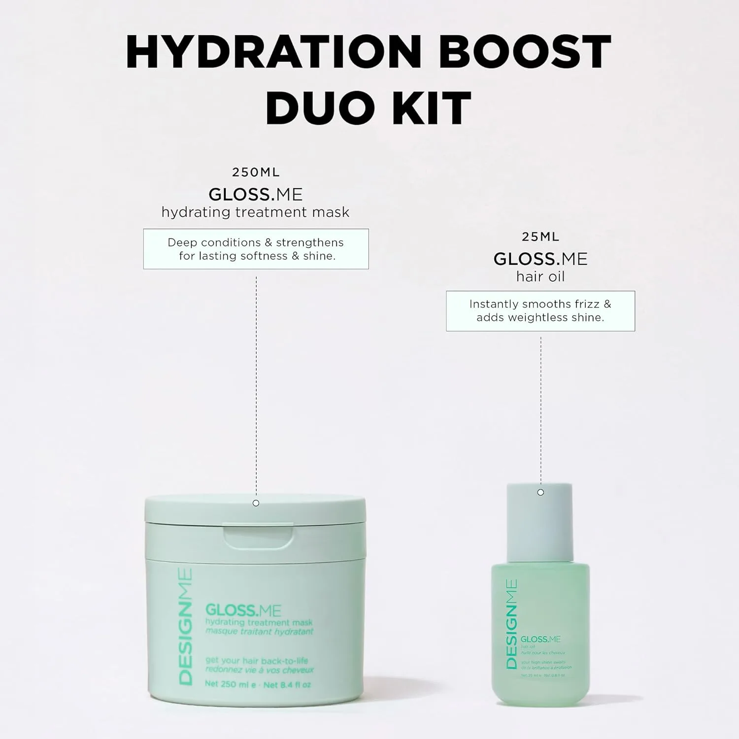 Design.Me GLOSS.ME Hydration Boost Duo: маска для глубокого кондиционирования и аргановое масло для волос, для сухих и непослушных волос, color safe — фото 3