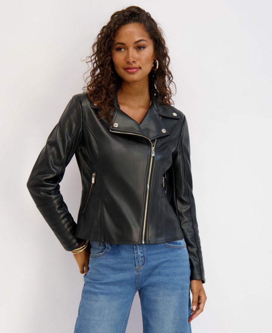 

Женская асимметричная мотоциклетная куртка из искусственной кожи с баской и стегаными деталями kensie, Black