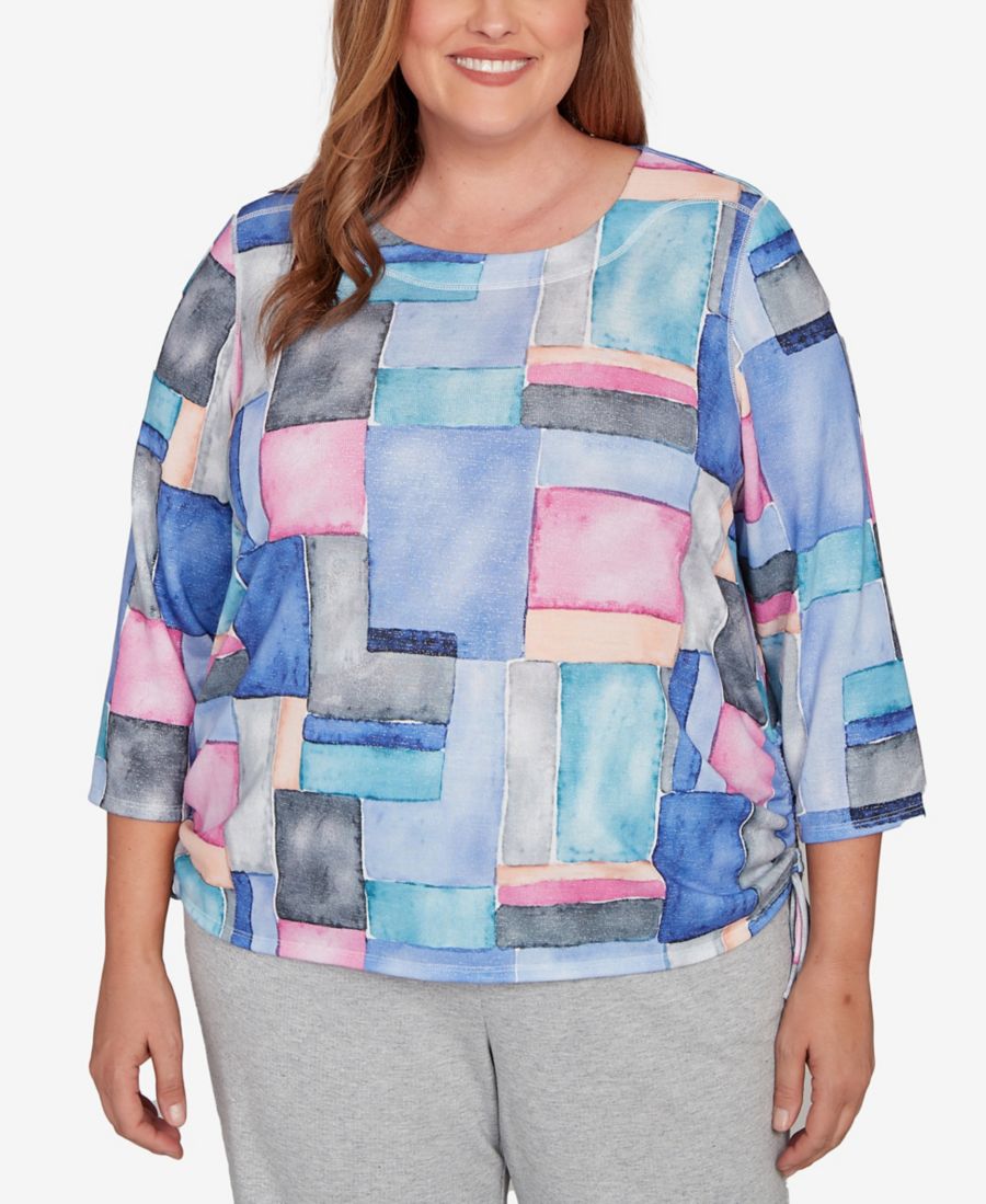 

Топ больших размеров в повседневном стиле с завязками по бокам и сборками, выполненный в стиле колор-блок Alfred Dunner, Iris Multi