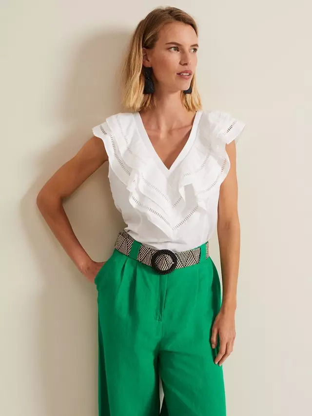 

Блуза Phase Eight Rosey Embroidered Frill Neck Linen Blend, белый