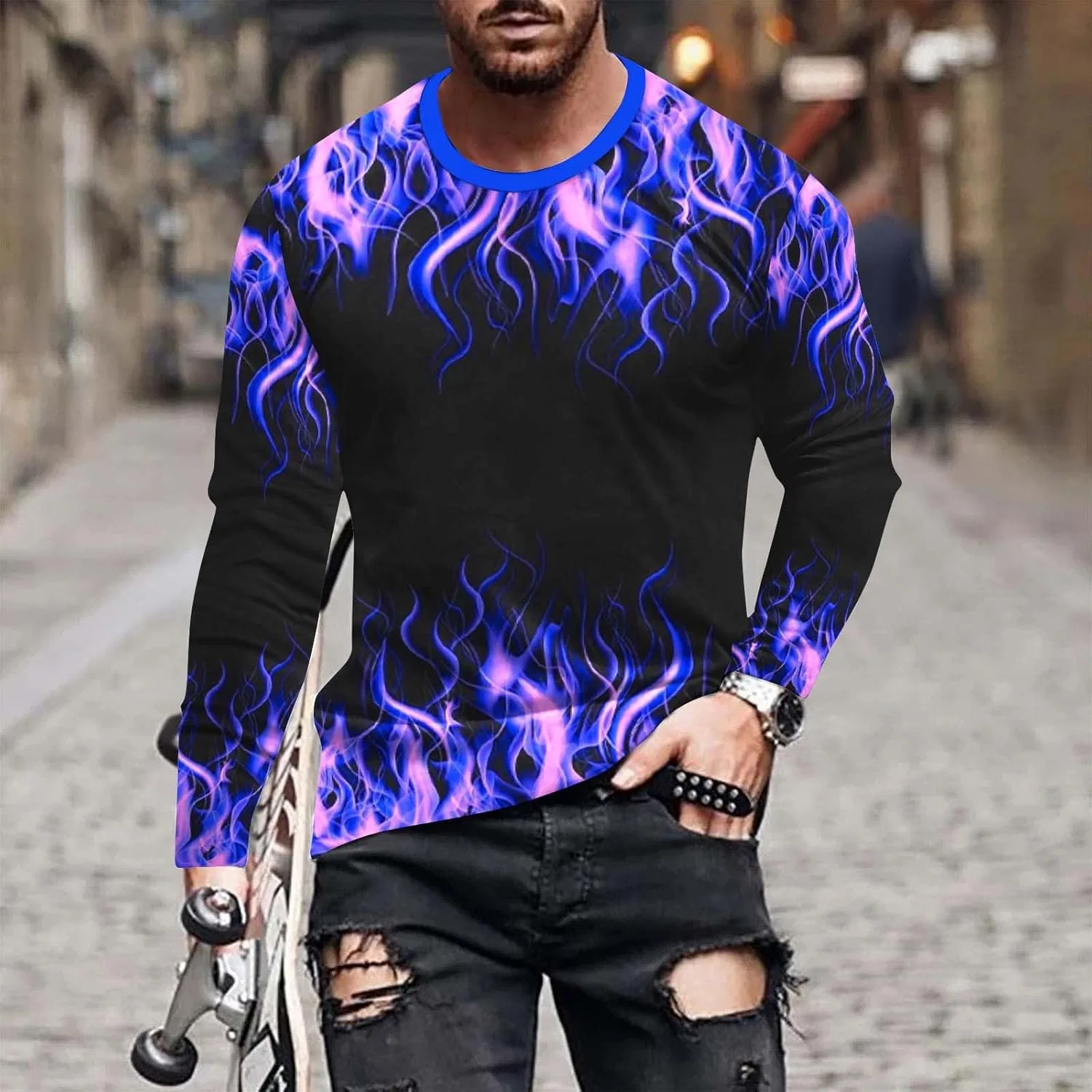 Футболка с длинным рукавом 3D Flame Print, мужская, спортивная, повседневная, фиолетовая — фото 2
