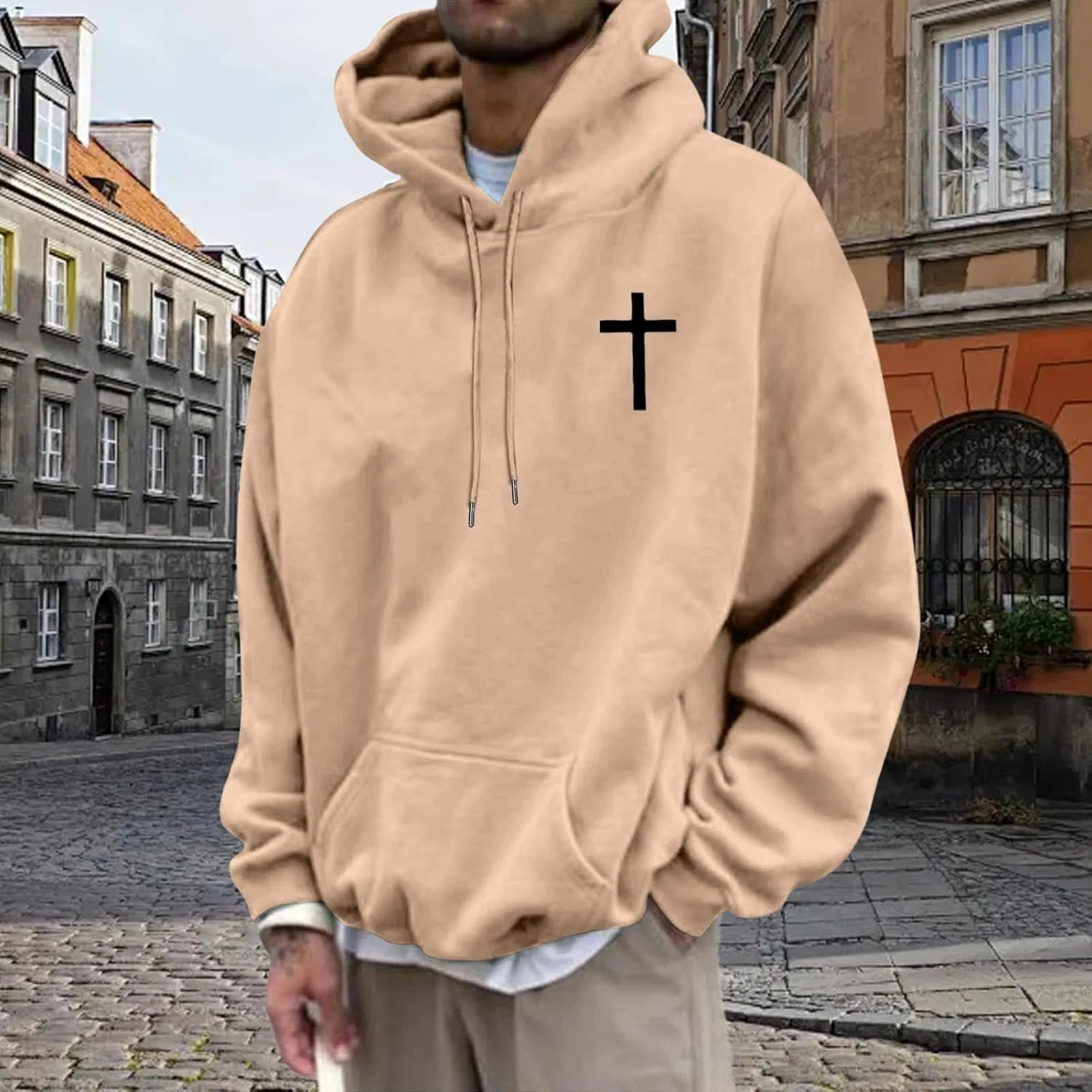Худи мужское с принтом Cross, Khaki — фото 2