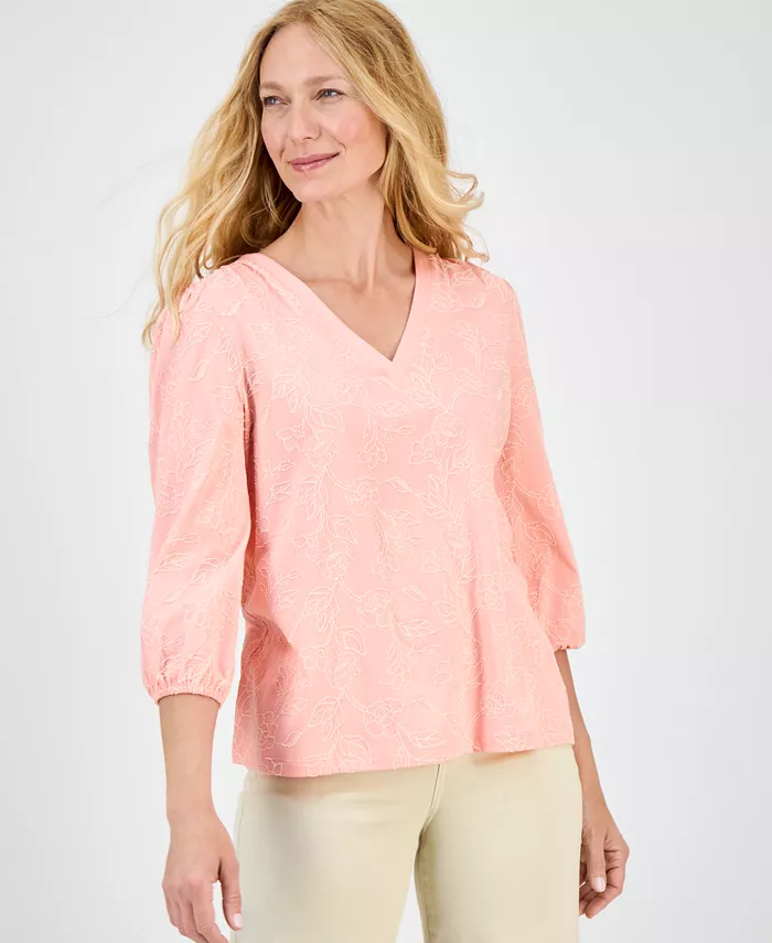

Style & Co Petite Футболка с V-образным вырезом и цветочной вышивкой Macy's, розовый