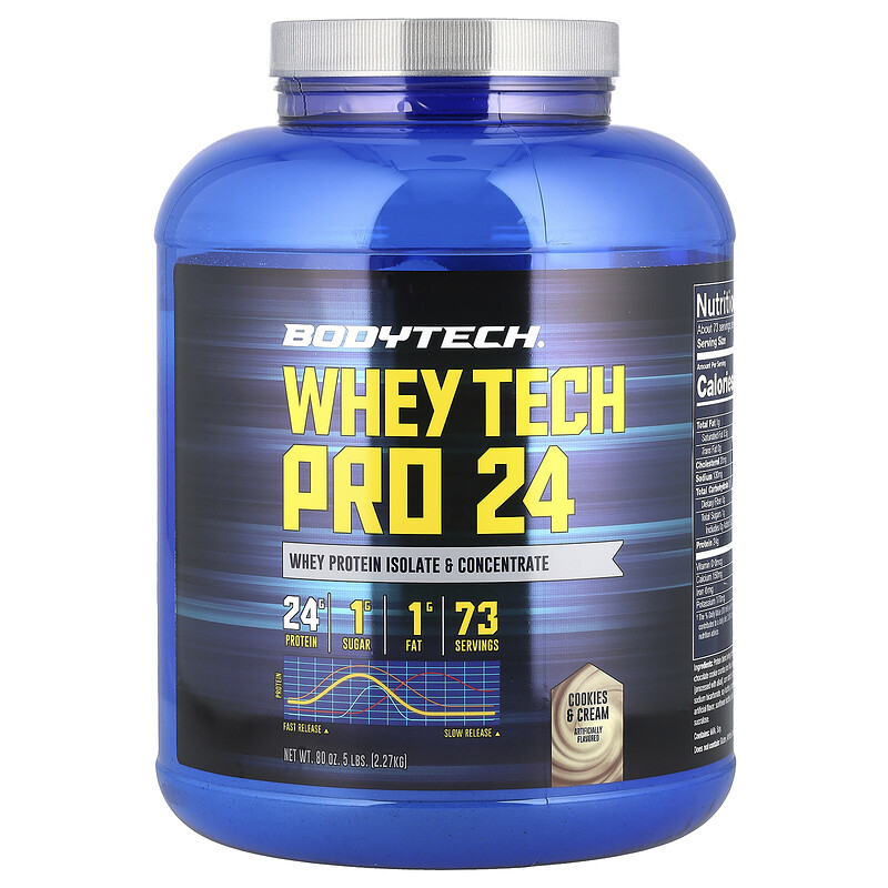 

BodyTech, Whey Tech Pro 24, печенье и сливки, 2,27 кг (5 фунтов)