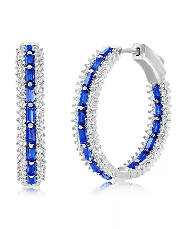 

Серьги-Кольца из стерлингового серебра 25 мм с центральным багетом и круглыми фианитами Simona, sapphire