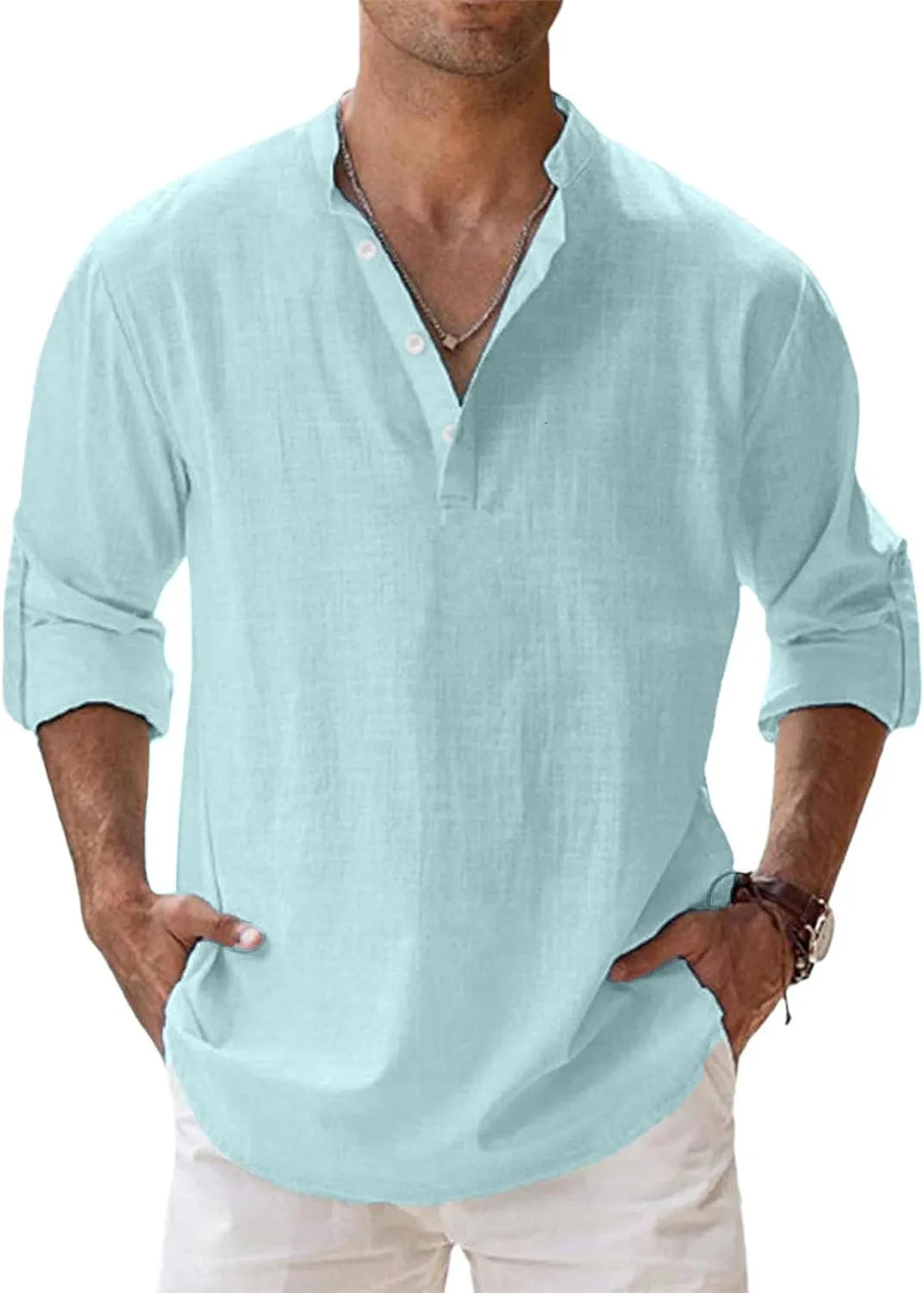 

Мужская льняная рубашка хенли с рукавом 3/4 BEIBEINOYA