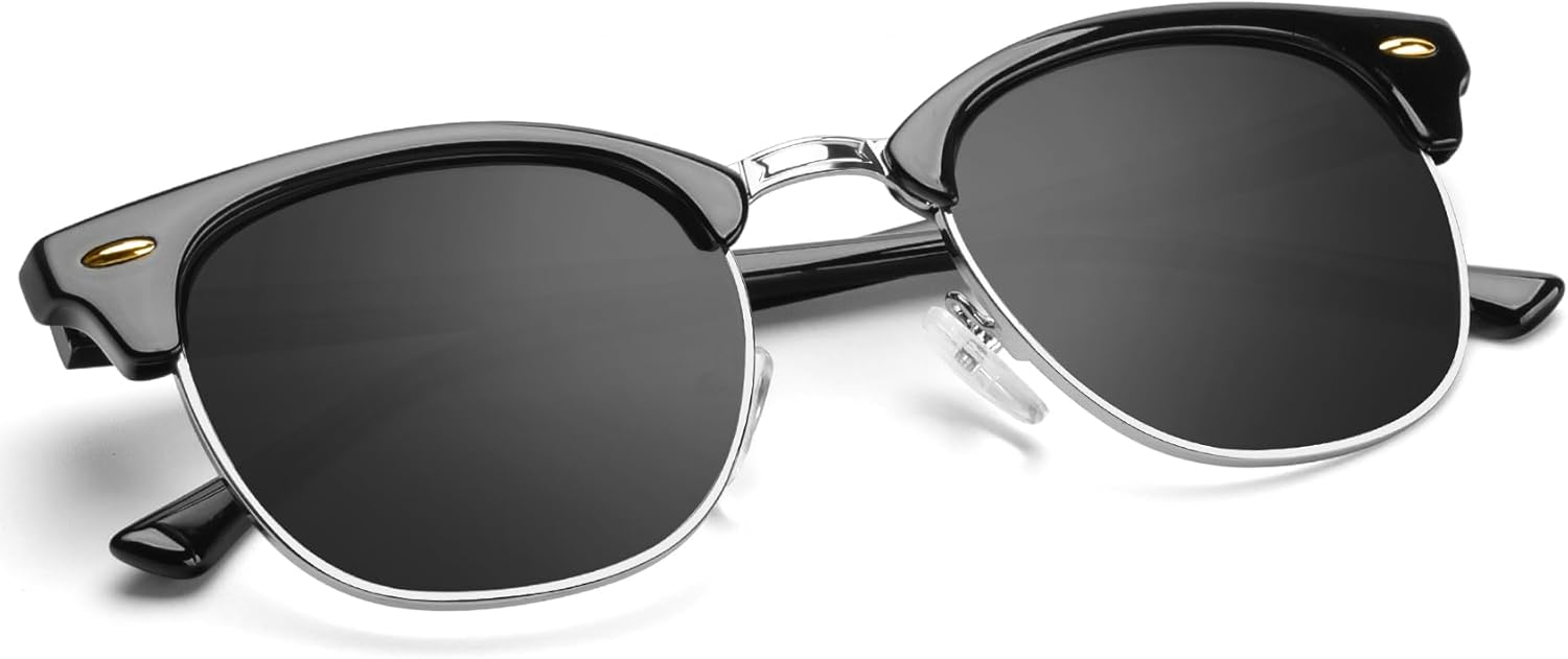 

Поляризованные солнцезащитные очки KALIYADI для мужчин и женщин, полуободковая оправа, солнцезащитные очки для вождения, блокирующие УФ-излучение, E3-(glass Lens | Non Polarized) Glossy Black | Black | Silver Rim