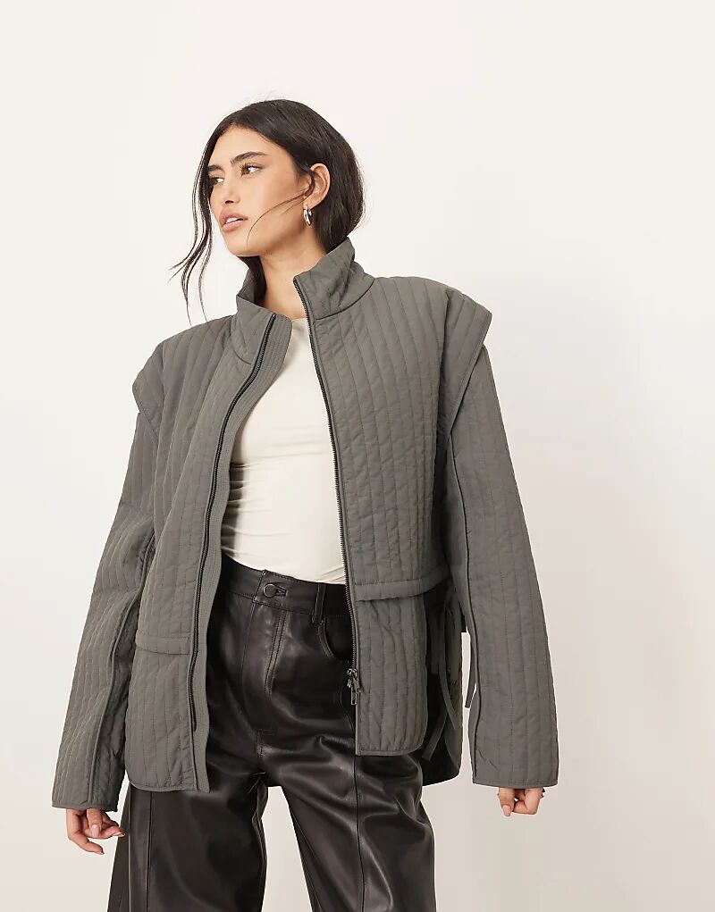 

ARRANGE Стеганая многослойная куртка с завязками в антрацитовом цвете, Черный, ARRANGE Стеганая многослойная куртка с завязками в антрацитовом цвете