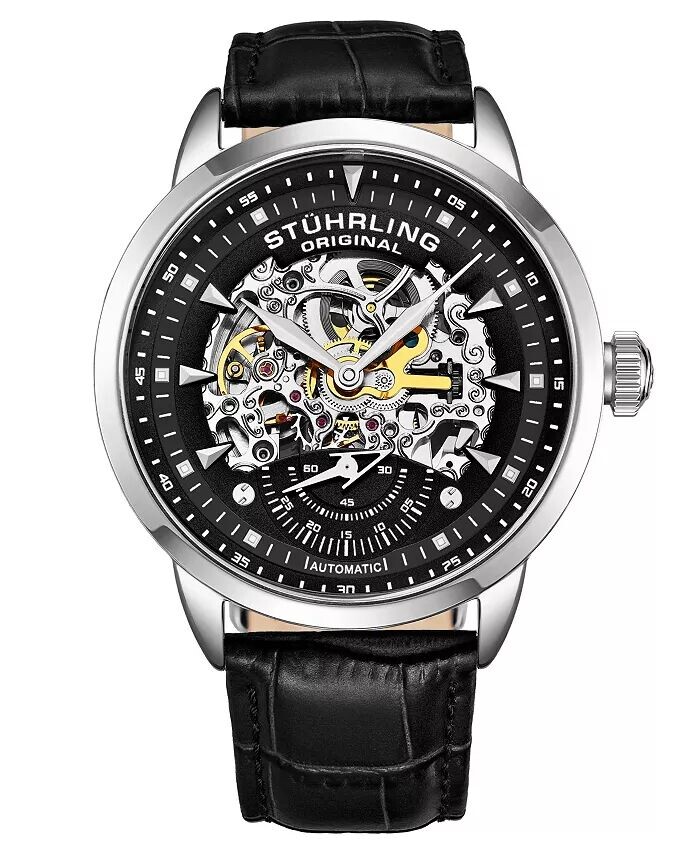 

Мужские часы Legacy, черная кожа, черный циферблат, круглые часы 44 мм Stuhrling