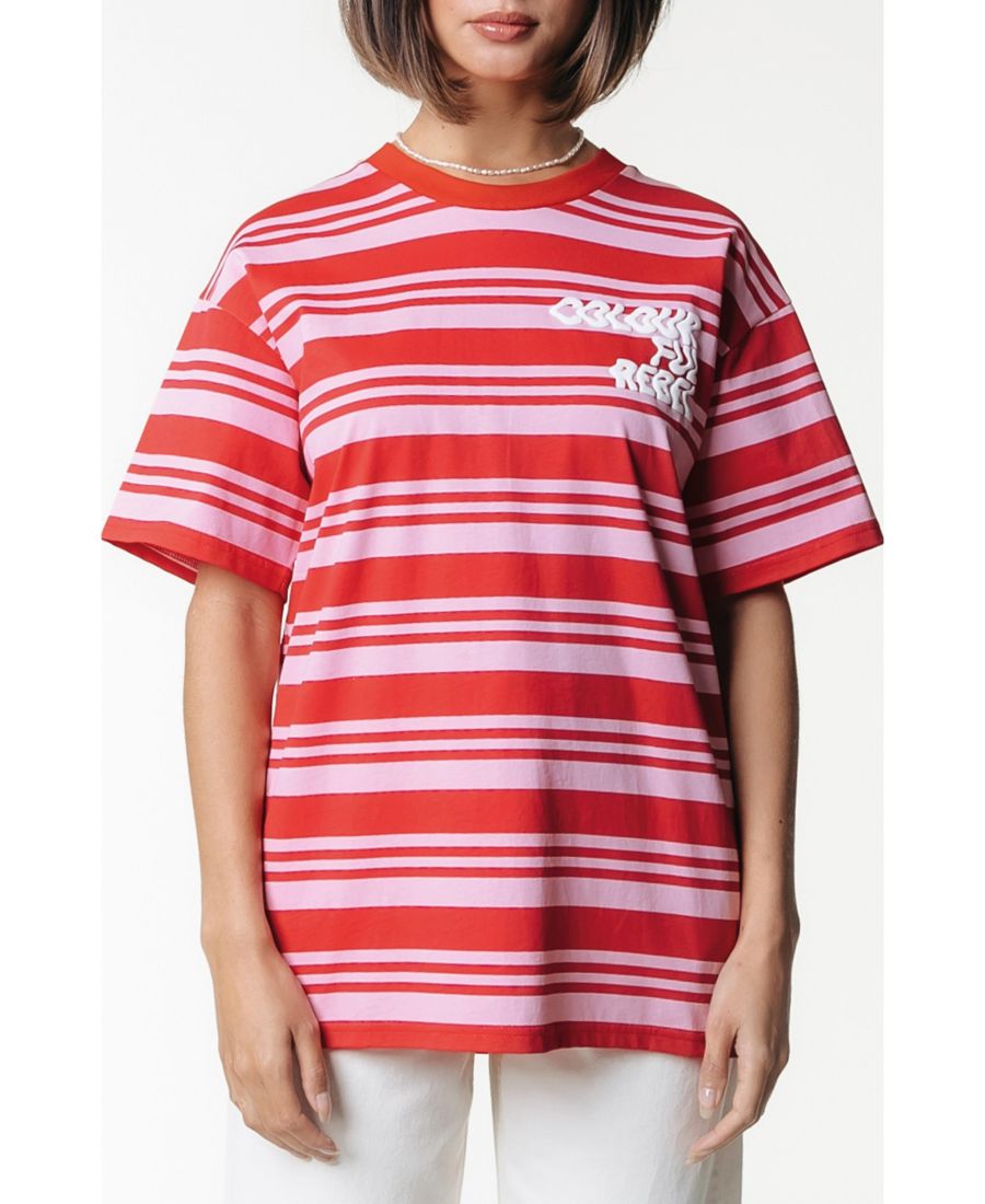 

Футболка свободного кроя с полосатым логотипом и объемным верхом Colourful Rebel, Pink, Розовый, Футболка свободного кроя с полосатым логотипом и объемным верхом Colourful Rebel, Pink