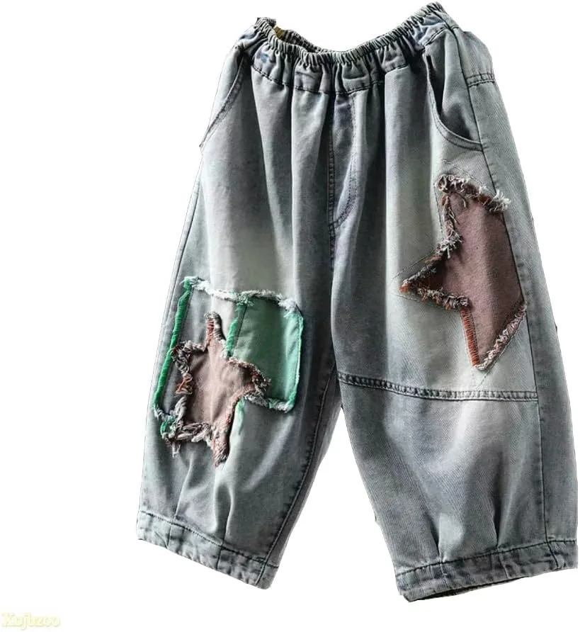 

Винтажные джинсы с вышивкой в виде пятиконечной звезды и цветными блоками, летние, с эластичным поясом Xojbzoo