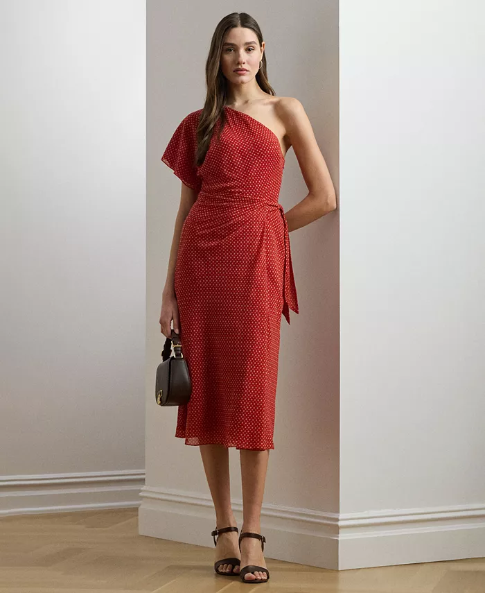 

Женское платье с геометрическим принтом из жоржета с асимметричным плечом Lauren Ralph Lauren, красный