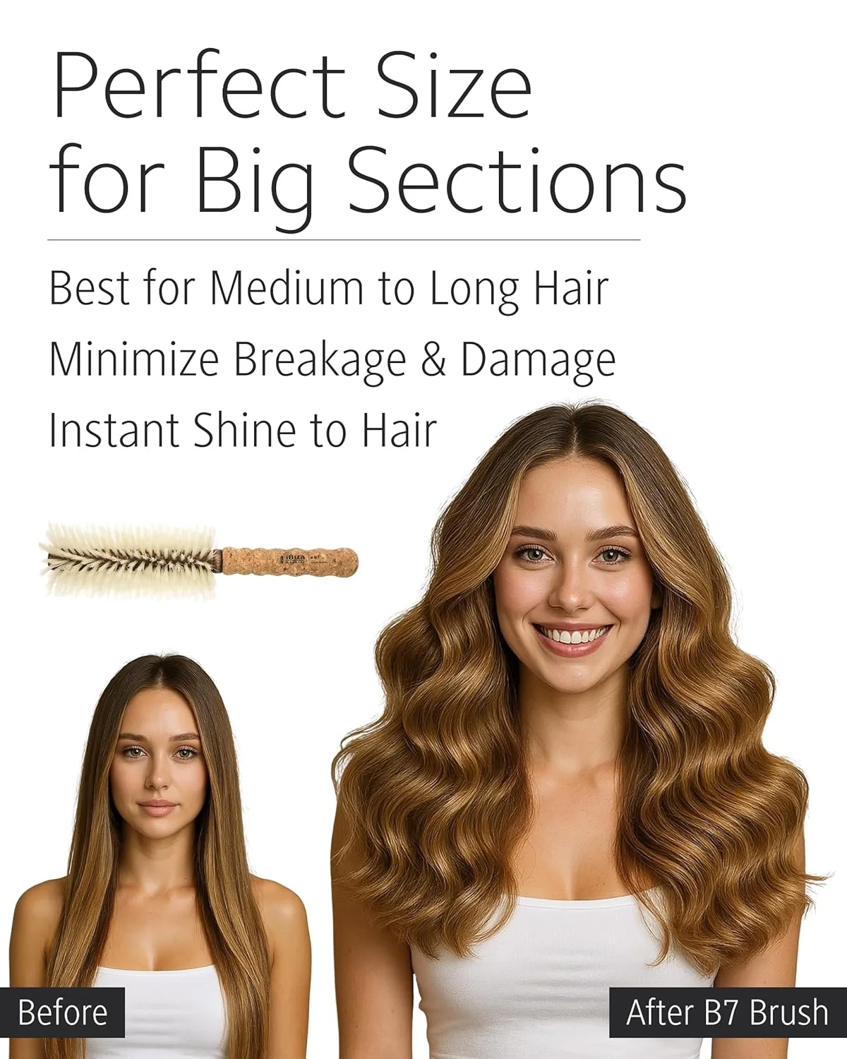 Круглая щетка для волос Ibiza Hair с щетиной из кабаньей щетины (серия B) | Светлая щетина, пробковая ручка | Идеально подходит для окрашенных и тонких волос | Придает текстуру и блеск B7, White — фото 4