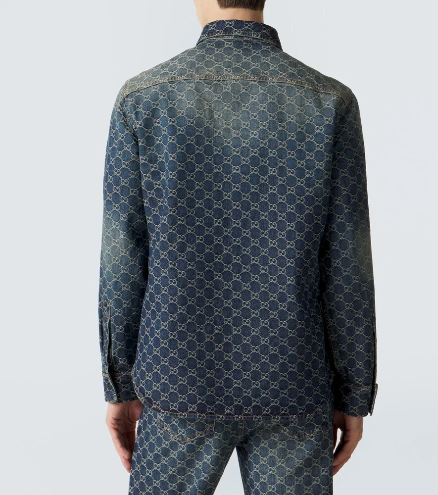 Рубашка Gucci из жаккардовой джинсовой ткани, классический воротник, синий — фото 4