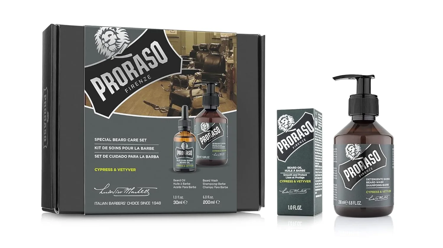 Набор для ухода за бородой Proraso Cypress and Vetyver: шампунь и масло для бороды со свежим, землистым ароматом для длинных или густых бород - Премиальный итальянский подарочный набор для мужчин.
