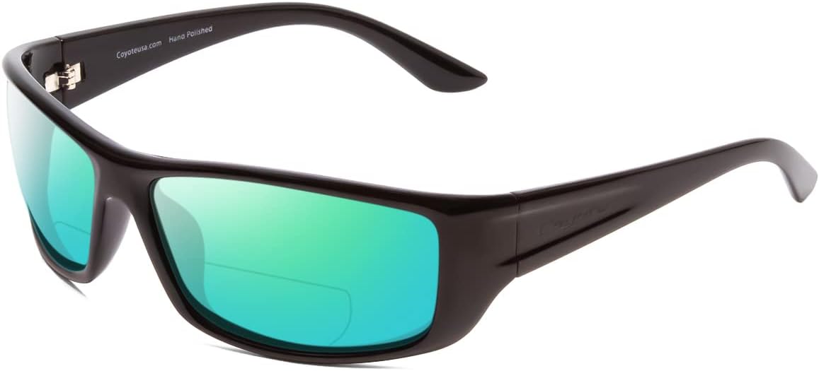 

Солнцезащитные очки Coyote P-59 с поляризацией или бифокальными линзами | Универсальные очки для чтения | Обеспечивают четкость изображения, Gloss Black Frame/Green Mirror Lens